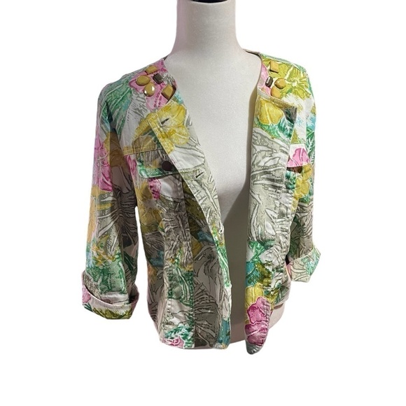 Linear Womens Floral Cropped Jacket - Size Large- Beading-Faux Front Pockets - Picture 4 of 11